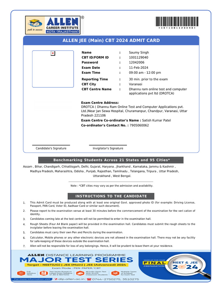 Allen JEE Main 2024 Admit Card Details | PDF
