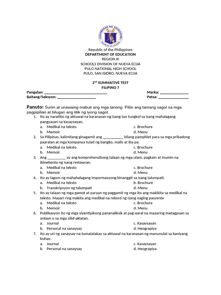 2nd Summative Fil 7 | PDF