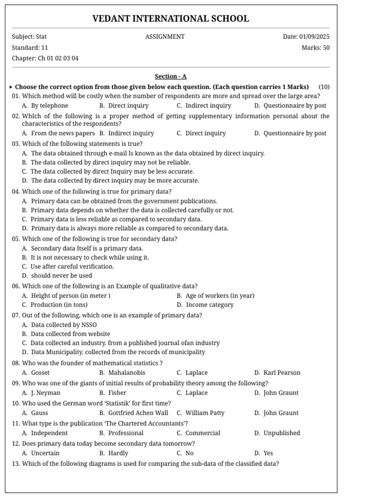 Statistical Assignment for Class 11 | PDF | Coefficient Of Variation ...
