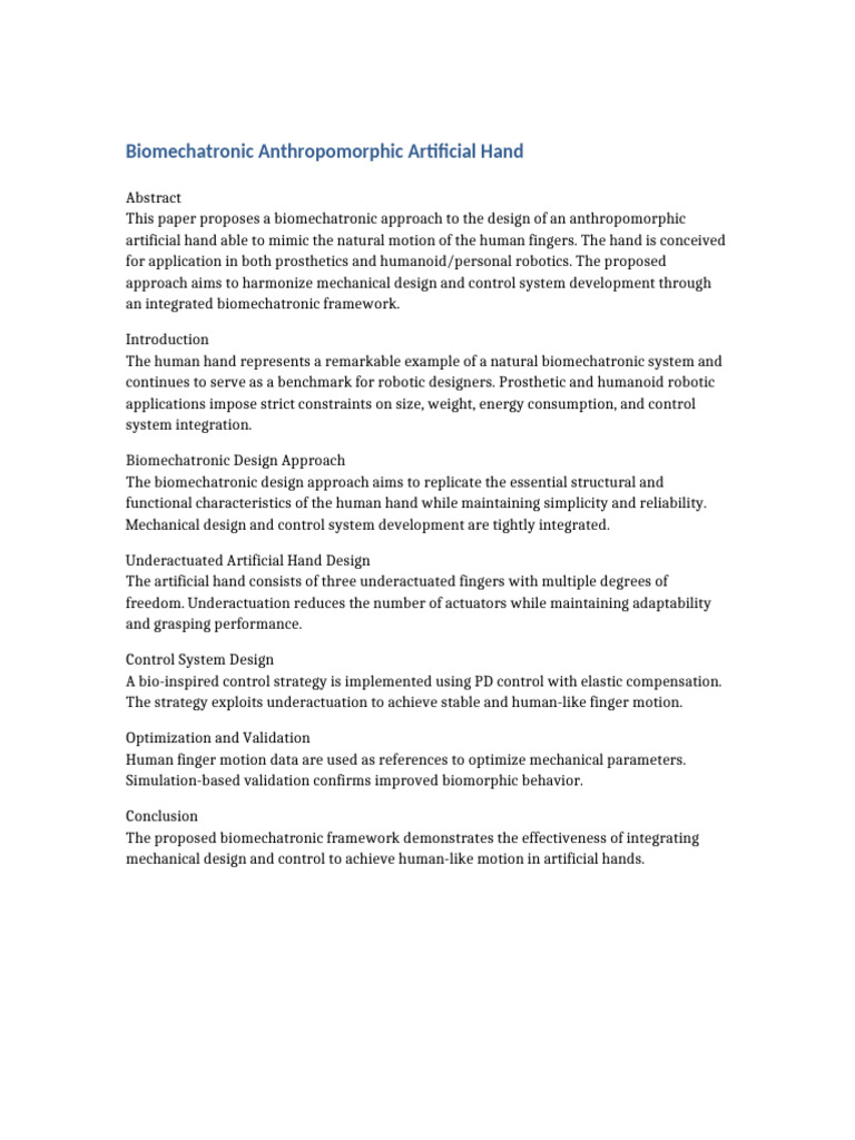 Biomechatronic Design of Artificial Hand | PDF