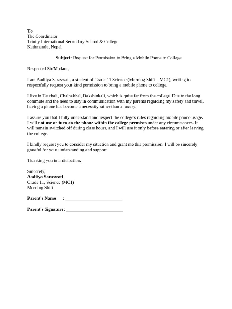 Mobile Phone Permission Request Letter | PDF