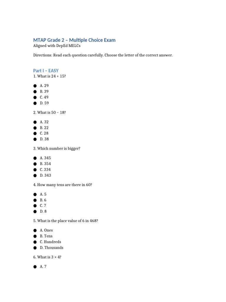 Grade 2 Math Exam: Multiple Choice | PDF