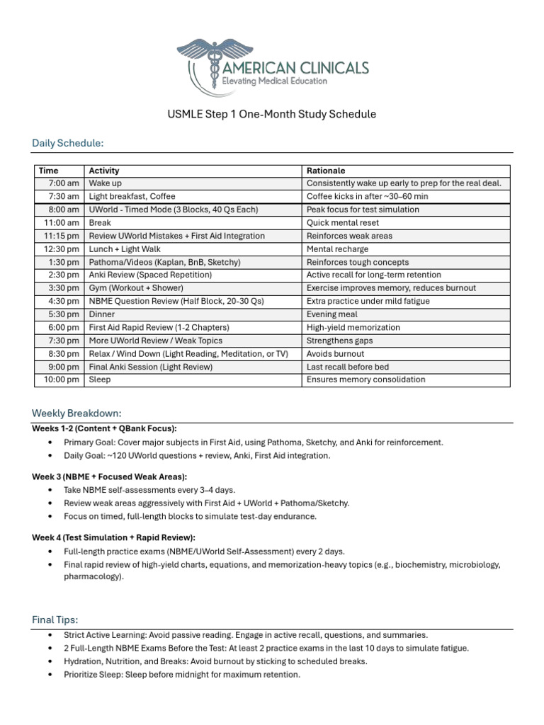 USMLE Daily Schedule | PDF | Memory | Cognition