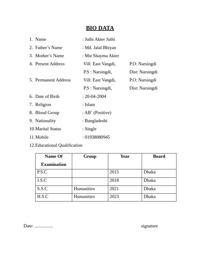 Juthi Akter's Bio Data Summary | PDF