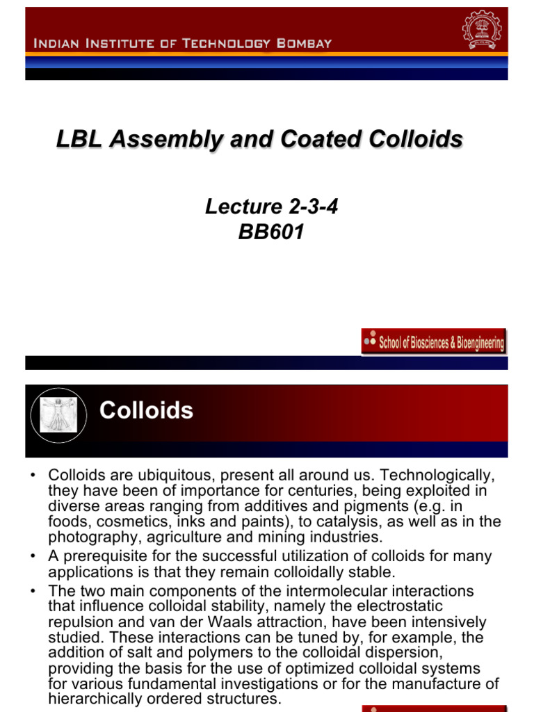 BB601 Lecture 2-3-4 Coated Colloids Srivastava | PDF | Colloid | Adsorption