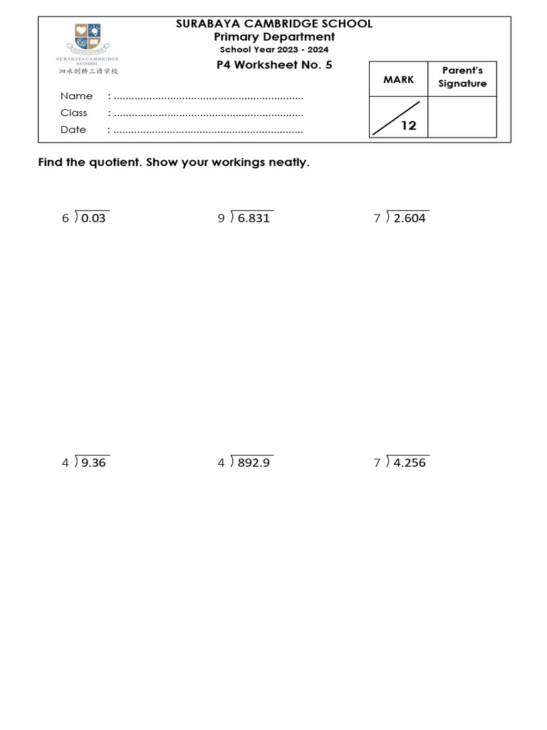Primary Math Worksheet P4: Quotients | PDF