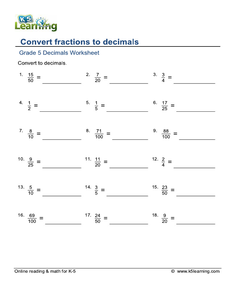 Grade 5 Decimals Worksheet - Convert Fractions to Decimals | PDF