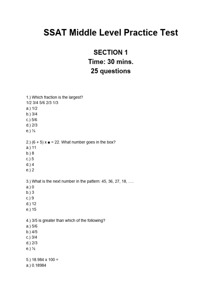 SSAT Middle Level Practice Test 251231 122857 | PDF