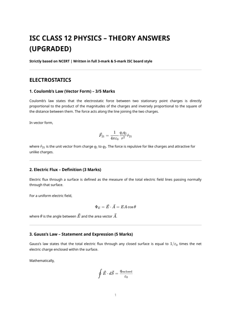ISC Class 12 Physics Theory Answers | PDF | Capacitance | Electric Field