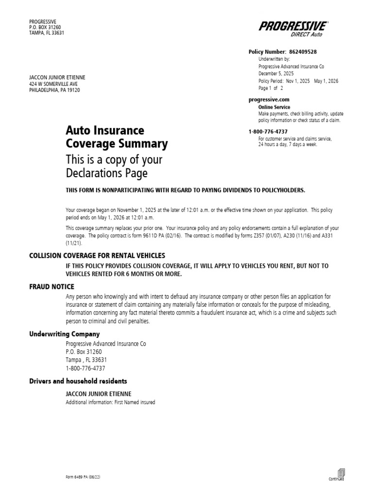 2025-2026 Auto Insurance Declarations Page | PDF | Insurance | Fraud