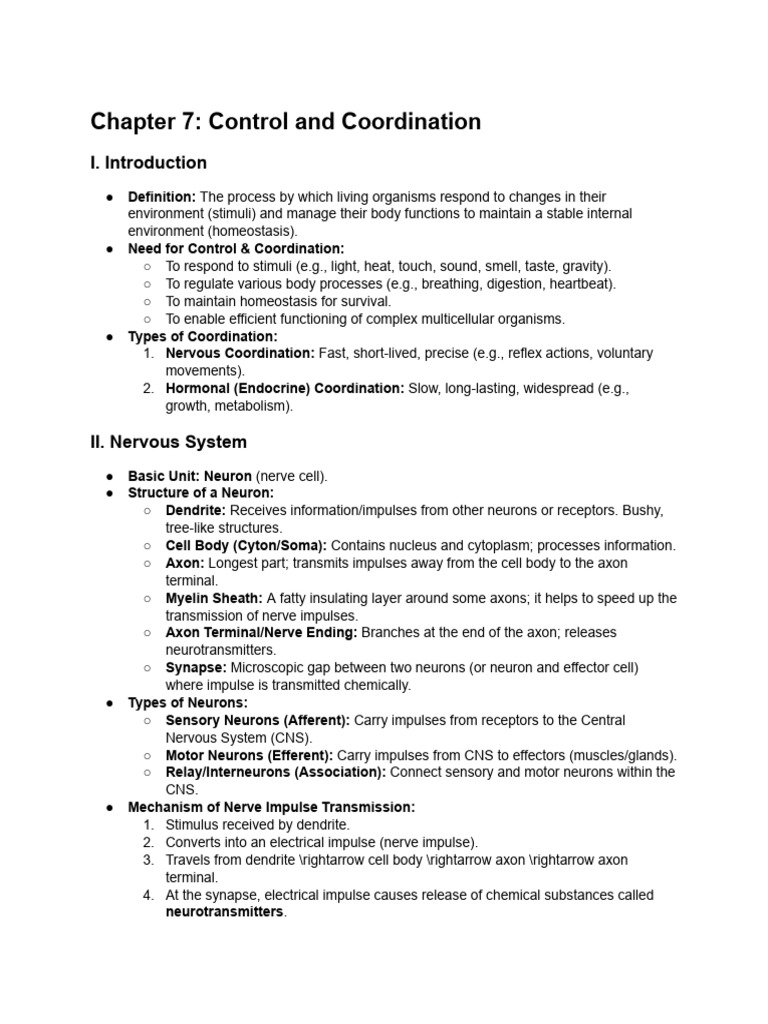 Control and Coordination in Organisms | PDF | Central Nervous System ...