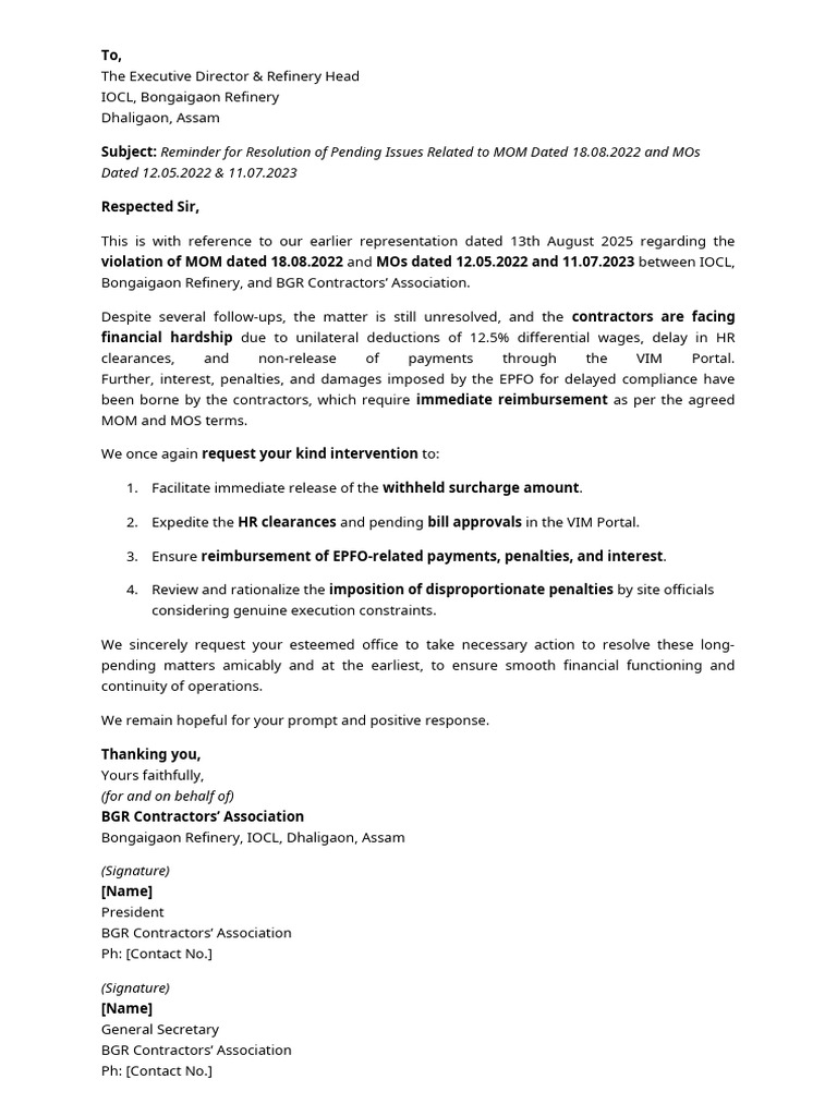 Resolution Request for Pending Issues at IOCL | PDF