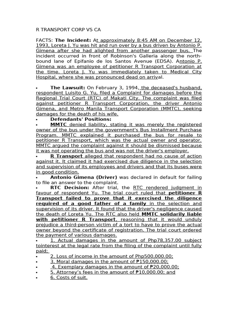 R Transport Corp Liability Case Summary | PDF | Legal Liability ...