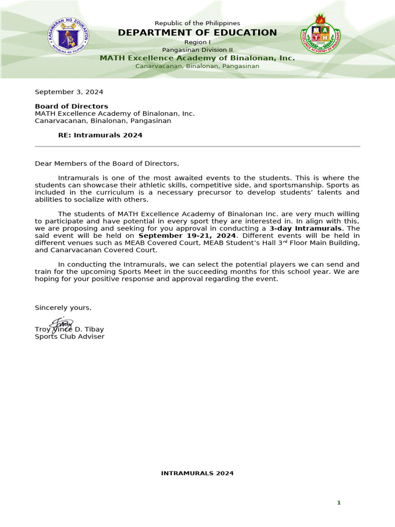 Letter and Proposal (INTRAMURALS) | PDF