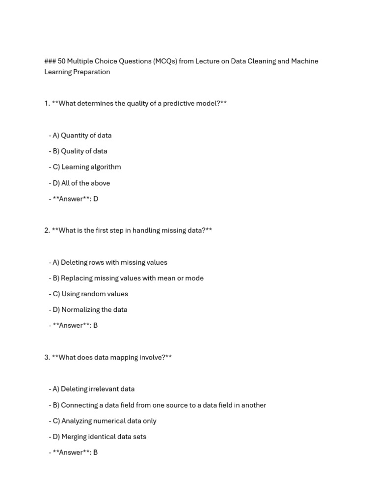 Data Cleaning MCQs for Machine Learning | PDF | Statistical Analysis ...