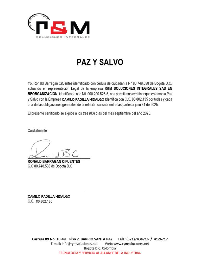 Certificado de Paz y Salvo R&M Soluciones | PDF