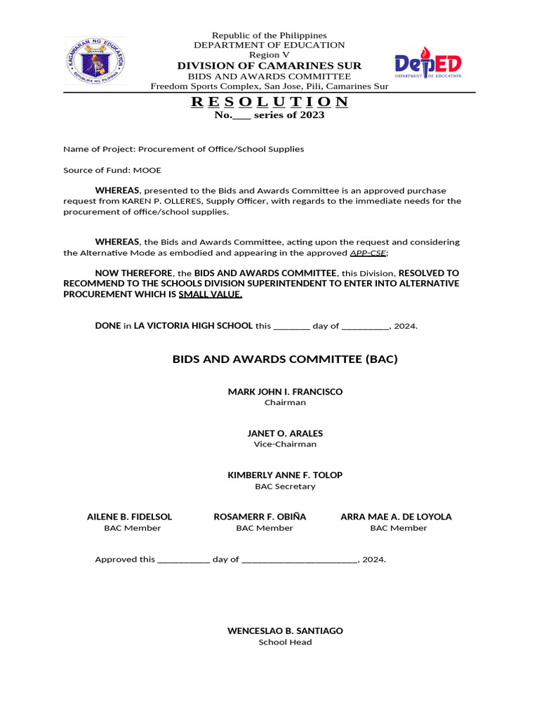 Resolution for Office Supplies Procurement | PDF