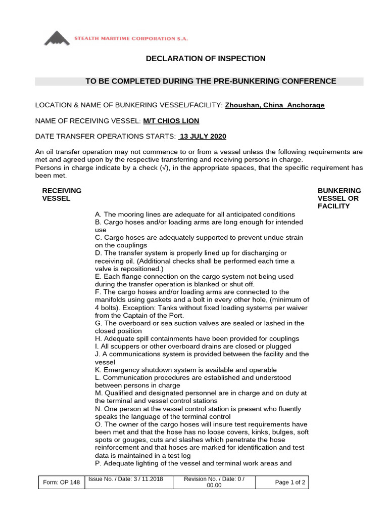Bunkering Vessel Inspection Checklist | PDF