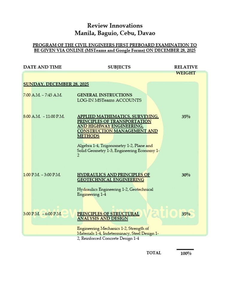 Civil Engineers Preboard Exam Schedule | PDF