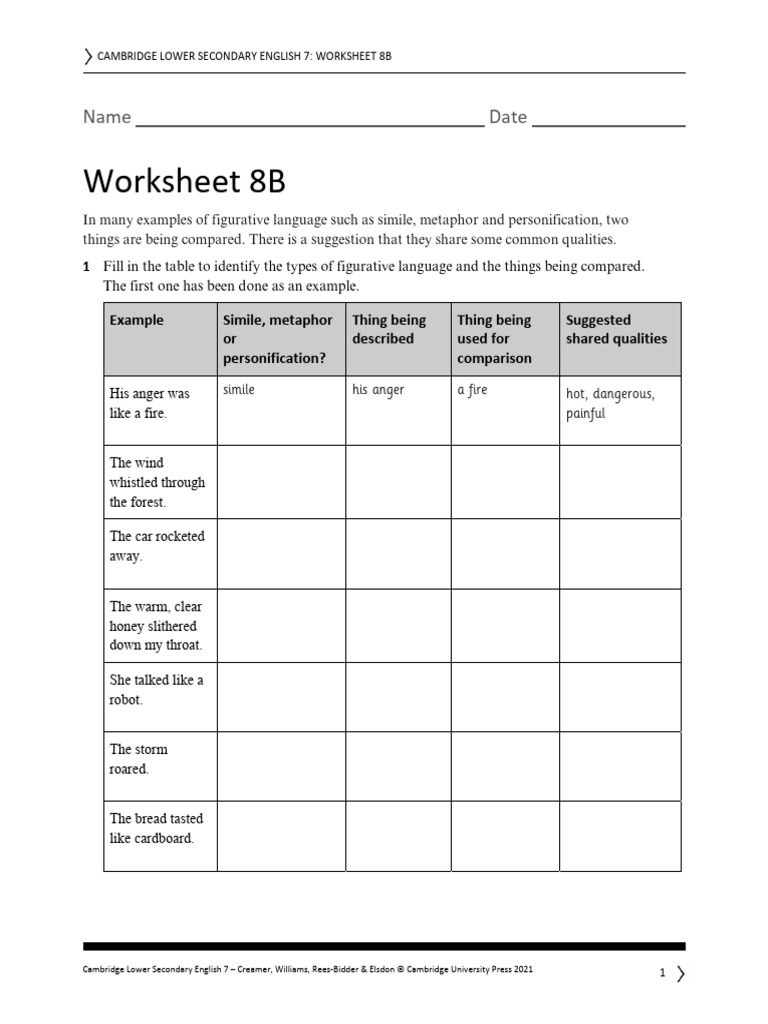 Figurative Language Worksheet for Grade 7 | PDF