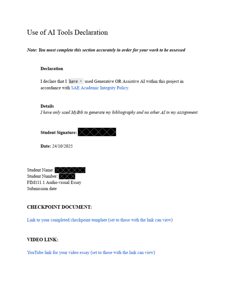 AI Tools Declaration for Film Essay | PDF