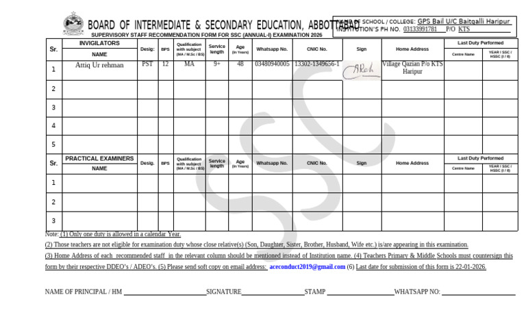 Exam Duty Profarma Attiq Ur Rehman | PDF | Qualifications | Student ...