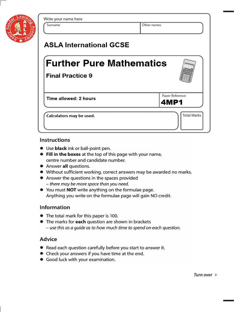 International GCSE Further Pure Maths Exam | PDF | Area | Geometry