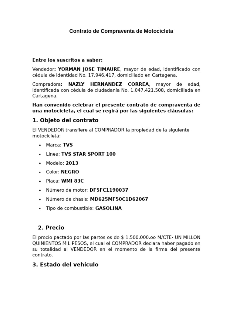 Contrato de Compraventa Motocicleta TVS | PDF