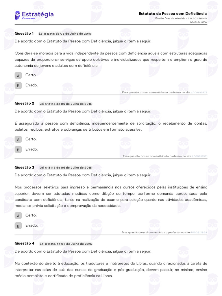 Estatuto Da Pessoa Com Deficiência (Lei Nº 13.1462015 e Alterações ...