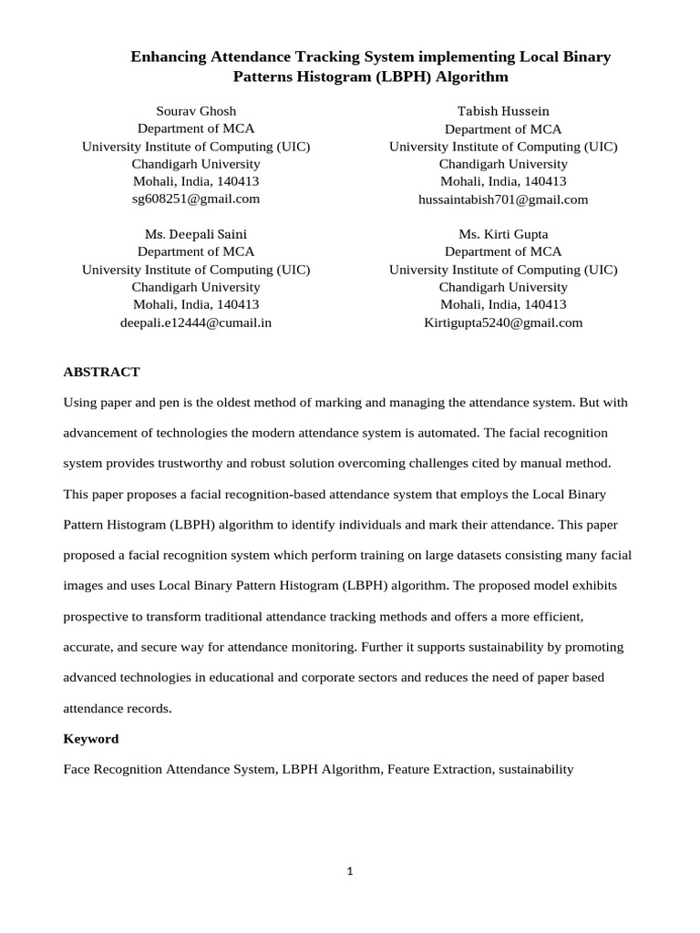 Facial Recognition Attendance System Using LBPH | PDF | Computer Vision ...