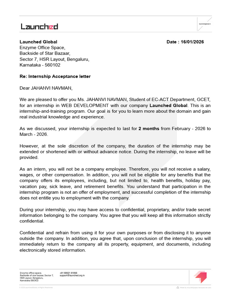 Internship Letter - JAHANVI NAVMAN (1) | PDF | Employment | Economies