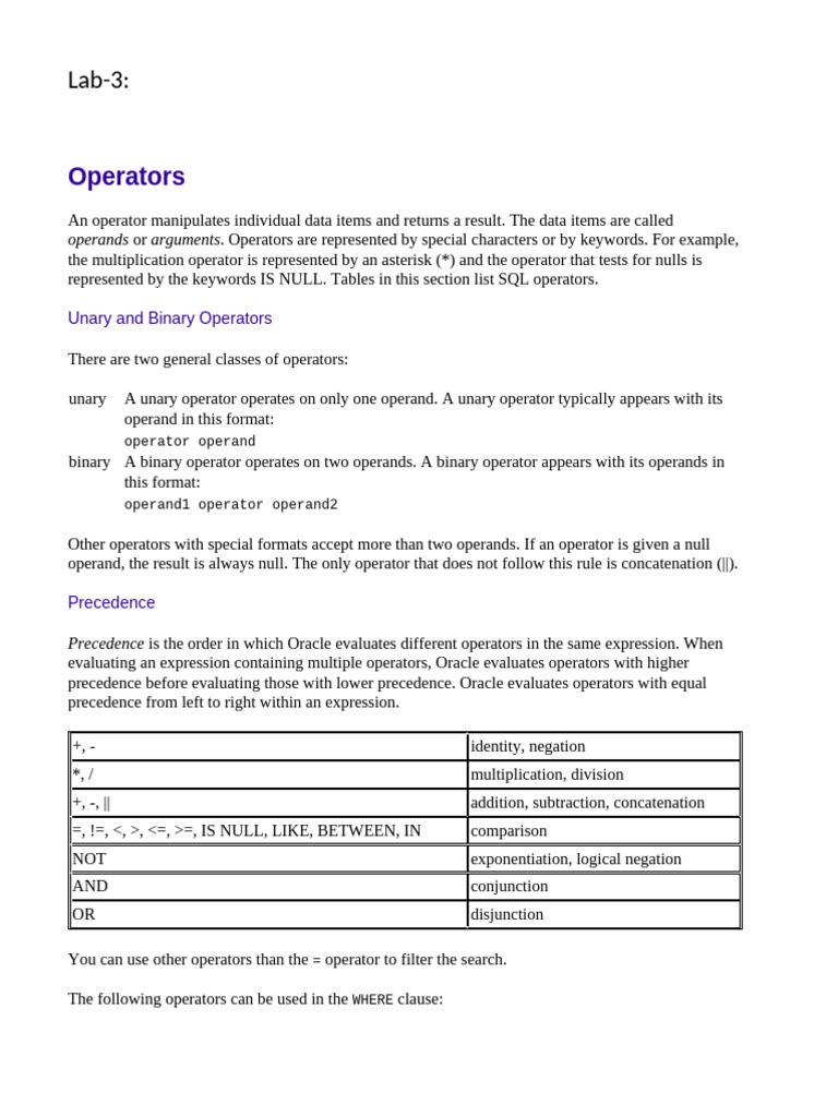 SQL Operators: Types and Usage Guide | PDF | Computer Programming ...