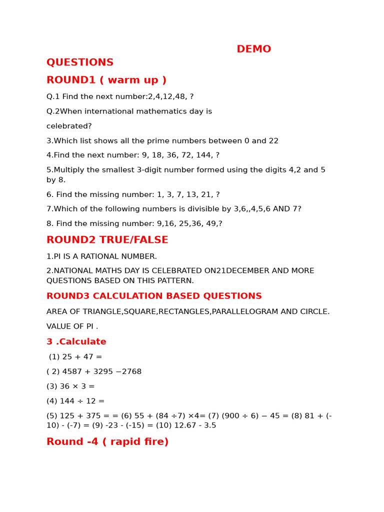 Math Quiz Questions and Answers | PDF