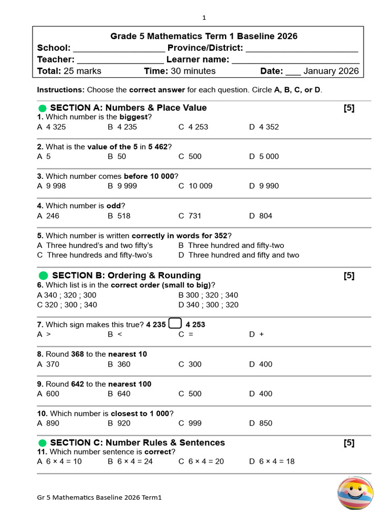Grade 5 Math Baseline Test 2026 | PDF | Chess Theory | Chess