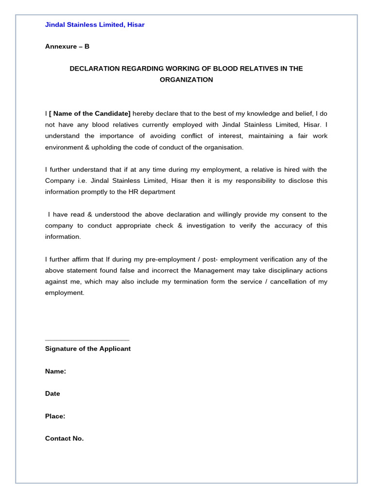 Annexure b Declaration Regarding Working of Blood Relatives in the ...