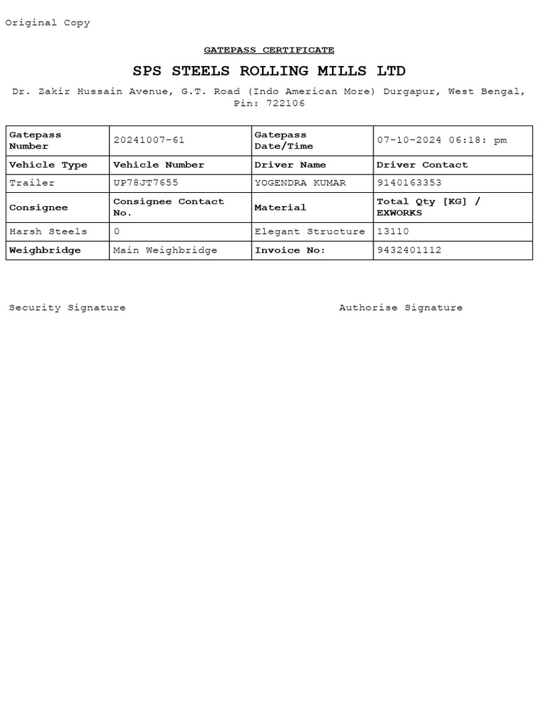 Gatepass Certificate for SPS Steels | PDF | Manufactured Goods | Transport