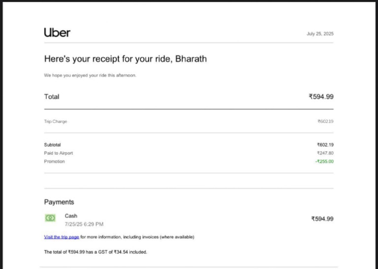 Uber Ride Receipt for Bharath | PDF