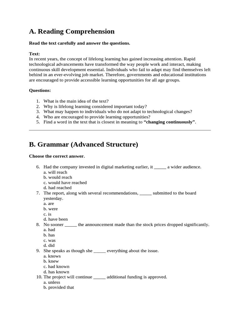 Lifelong Learning and Advanced Grammar Quiz | PDF