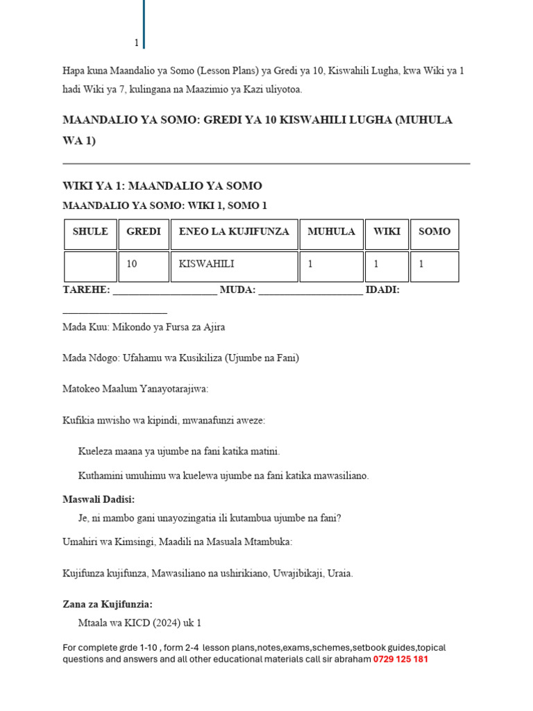 Grade 10 Term 1 Kiswahili Lesson Plans | PDF