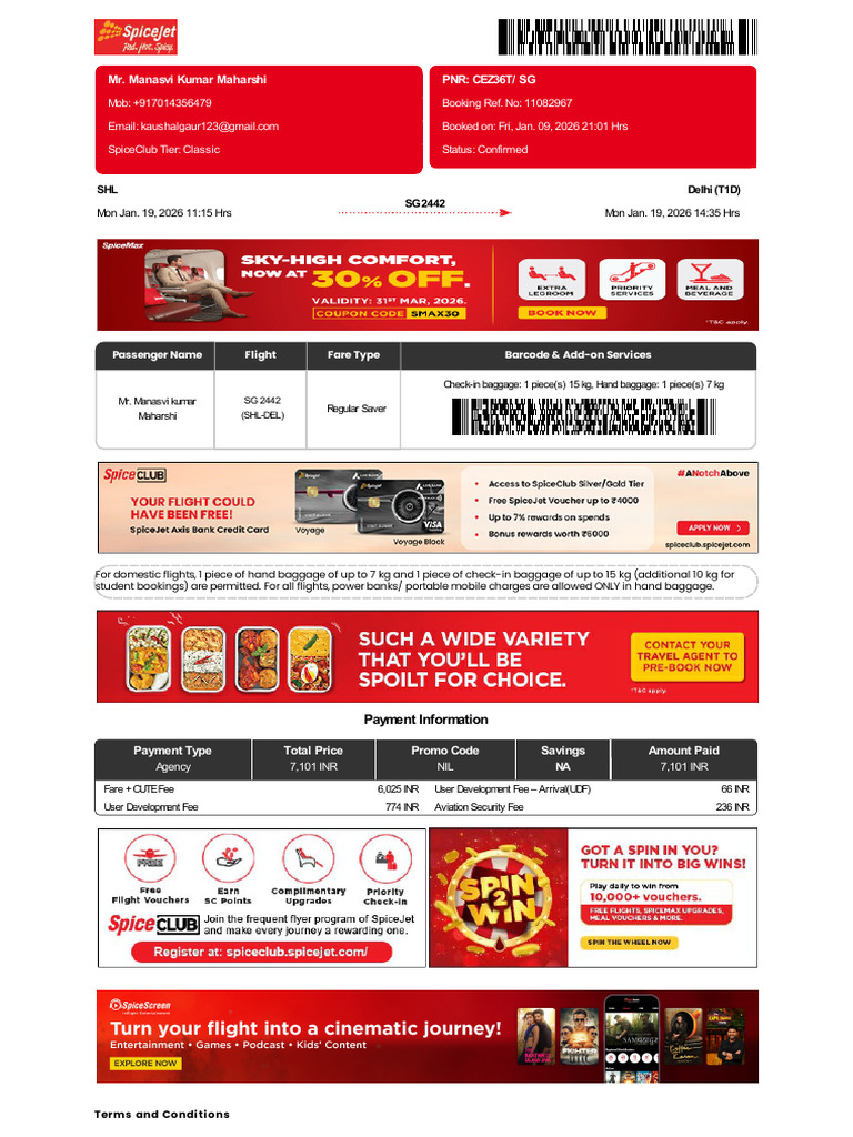 SpiceJet Booking Confirmation Details | PDF | Credit Card | Debit Card