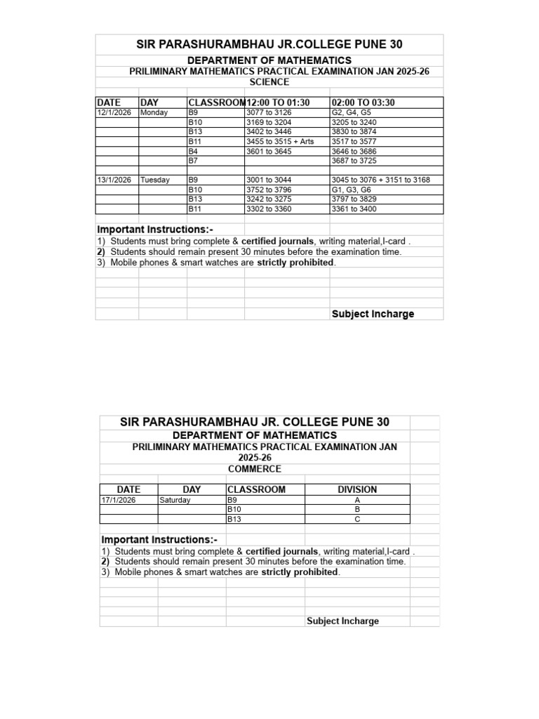 Preliminary Math Exam Schedule 2025-26 | PDF