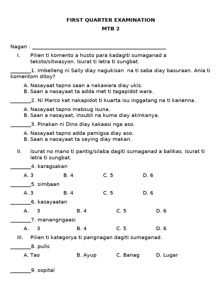 First Quarter Examination MTB 2 | PDF