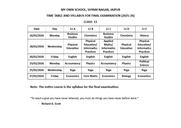 Class 11 Final Exam Timetable 2025-26 | PDF