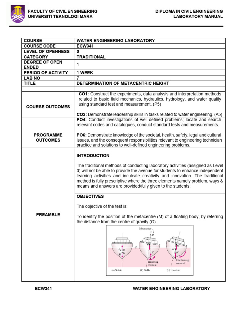 Metacentric Height Lab Manual ECW341 | PDF | Buoyancy | Physical Quantities