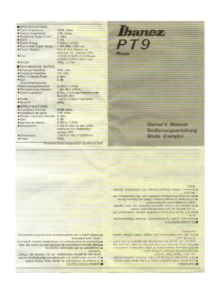 Ibanez PT9 Manual | PDF