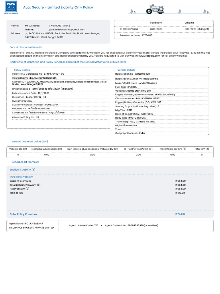 Auto Secure Limited Liability Policy 2026 | PDF | Insurance | Deductible