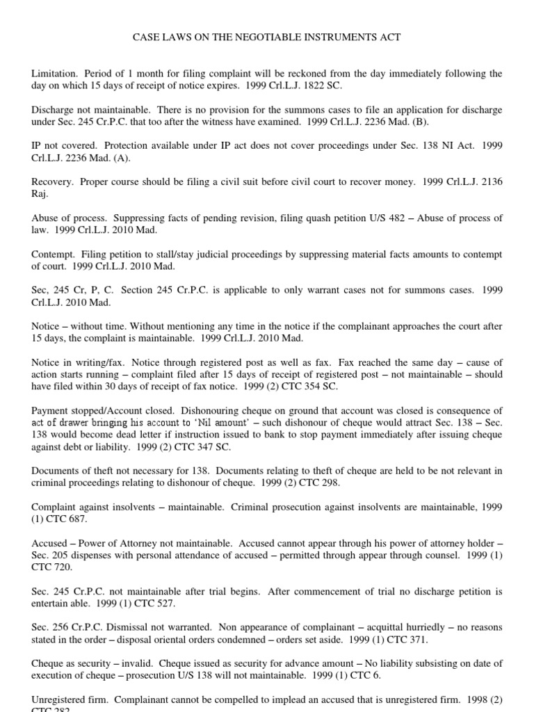 Case Law Digest On Negotiable Instruments Act PDF Negotiable