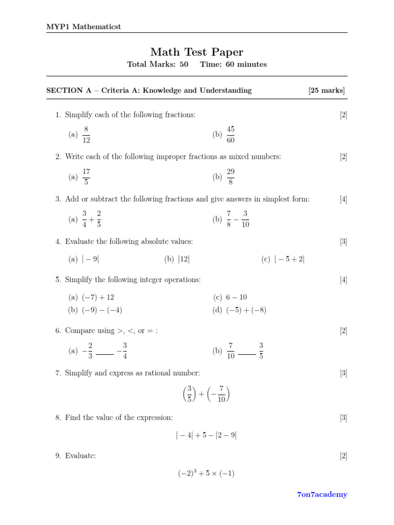 MYP1 Mathematics Test Paper Guide | PDF | Arithmetic | Number Theory