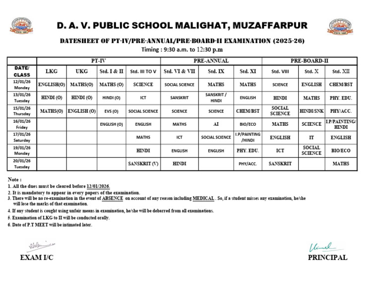 2025-26 Exam Datesheet for D.A.V. School | PDF | Chess Theory | Chess