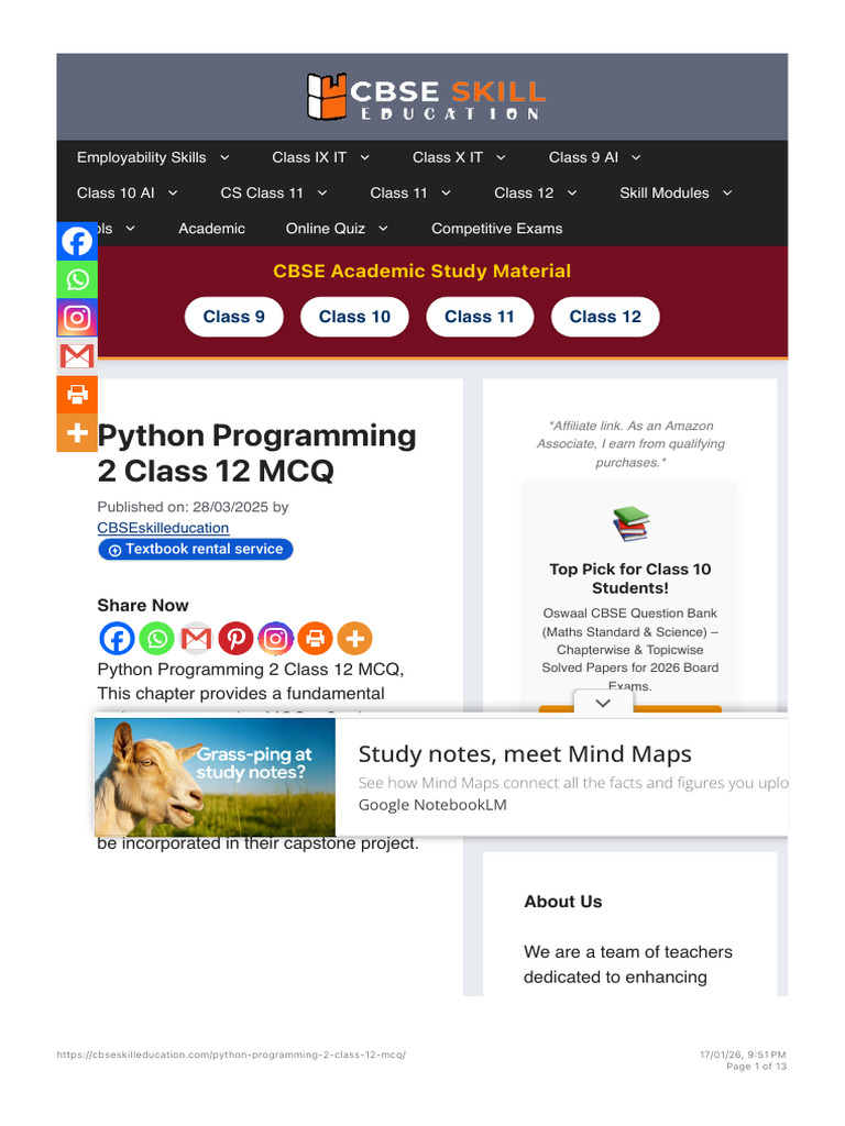 Python Programming 2 Class 12 MCQ | CBSE Skill Education | PDF | Comma ...